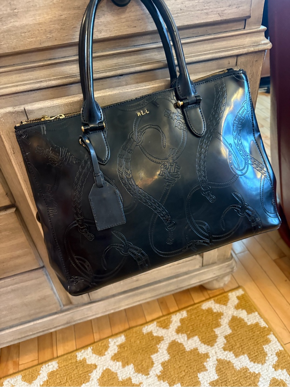 Lauren Ralph Lauren RLL Black Embossed Equestrian Leather Tote Satchel Purse